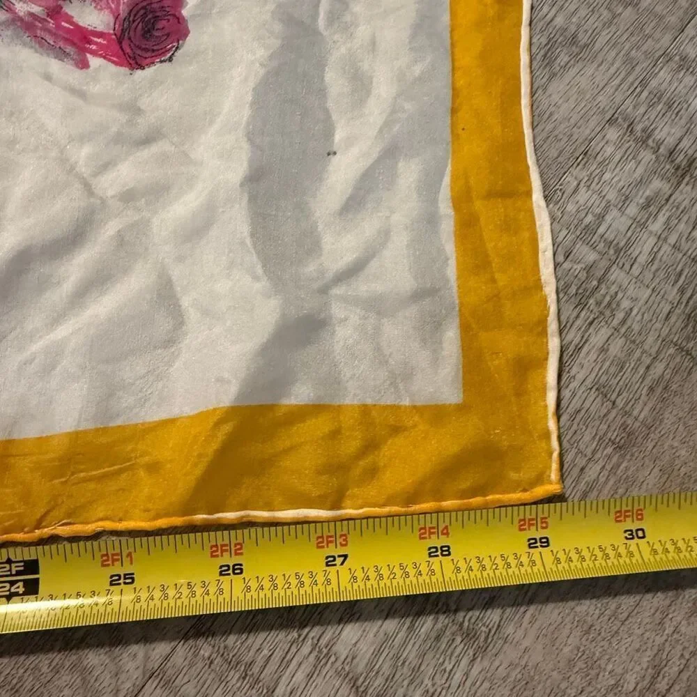 Printed Japan Yellow Silk Scarf Floral Rose Paint Art Yellow White Artist VTG